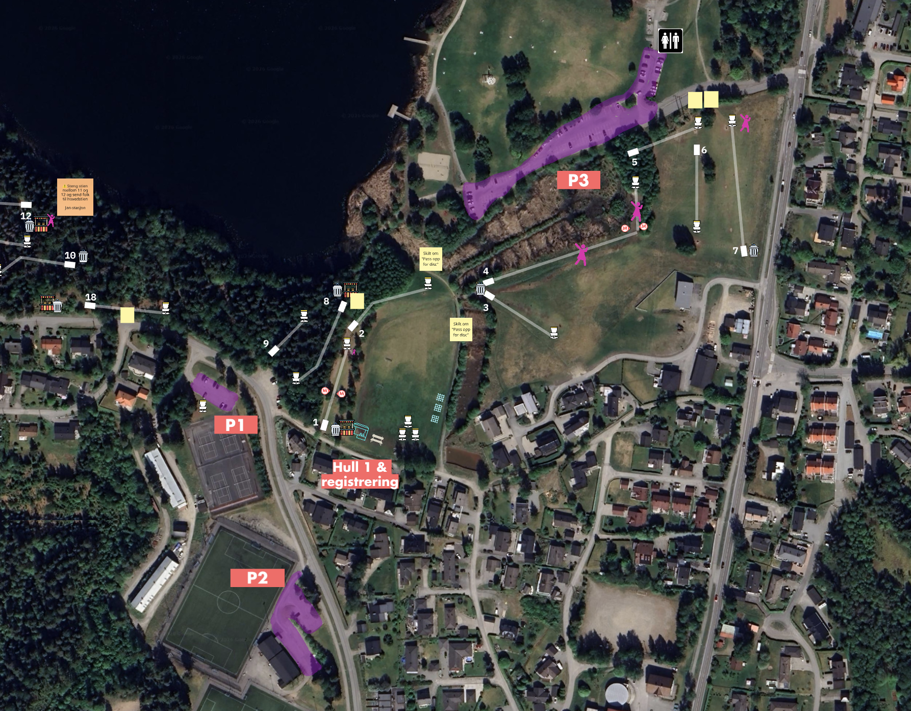 Parkeringskart med P1, P2, P3 og hull 1 / registrering
